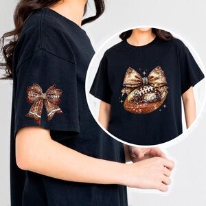 🏈 Sparkle & Spike: Gold Glitter Football Bow t-shirt. Touch down game ready